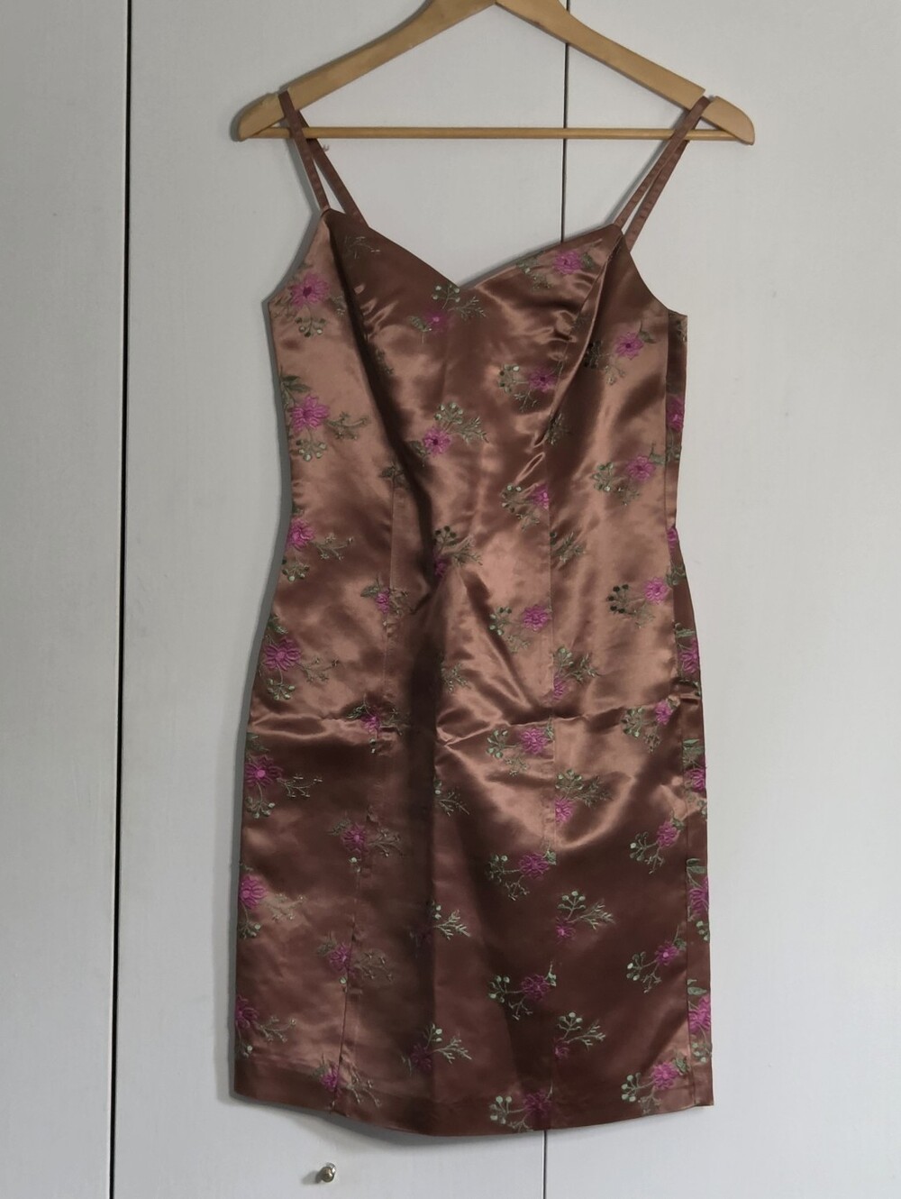 Betsey Johnson Copper-Brown Satin Midi Dress with Pink Floral Embroidery
